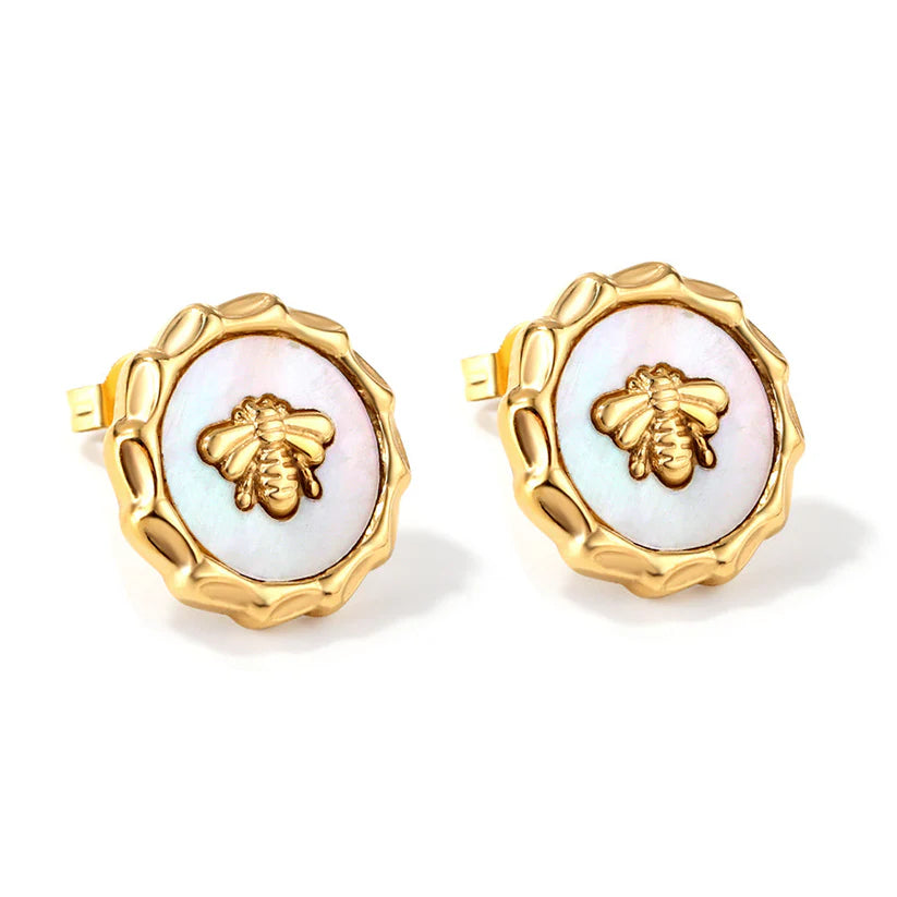 Gold Bee Stud Earrings with Pink Mother-of-Pearl Center