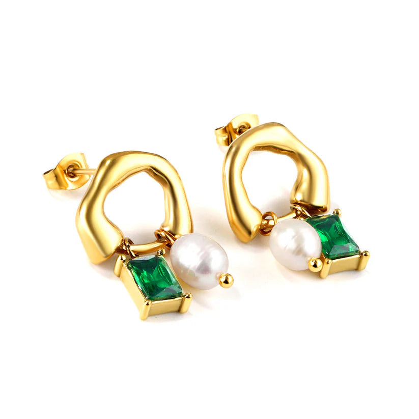Sculptural Gold Hoop Drop Earrings with Pearl & Emerald
