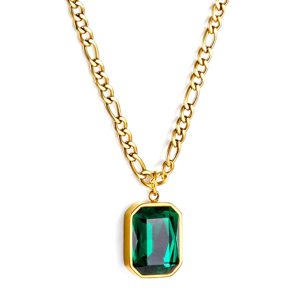 Gold Cuban Link Necklace with Emerald-Cut Green CZ Pendant