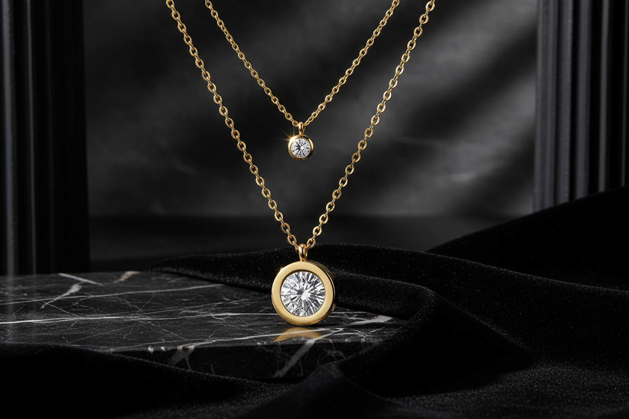 Layered Crystal Necklace on Dramatic Background