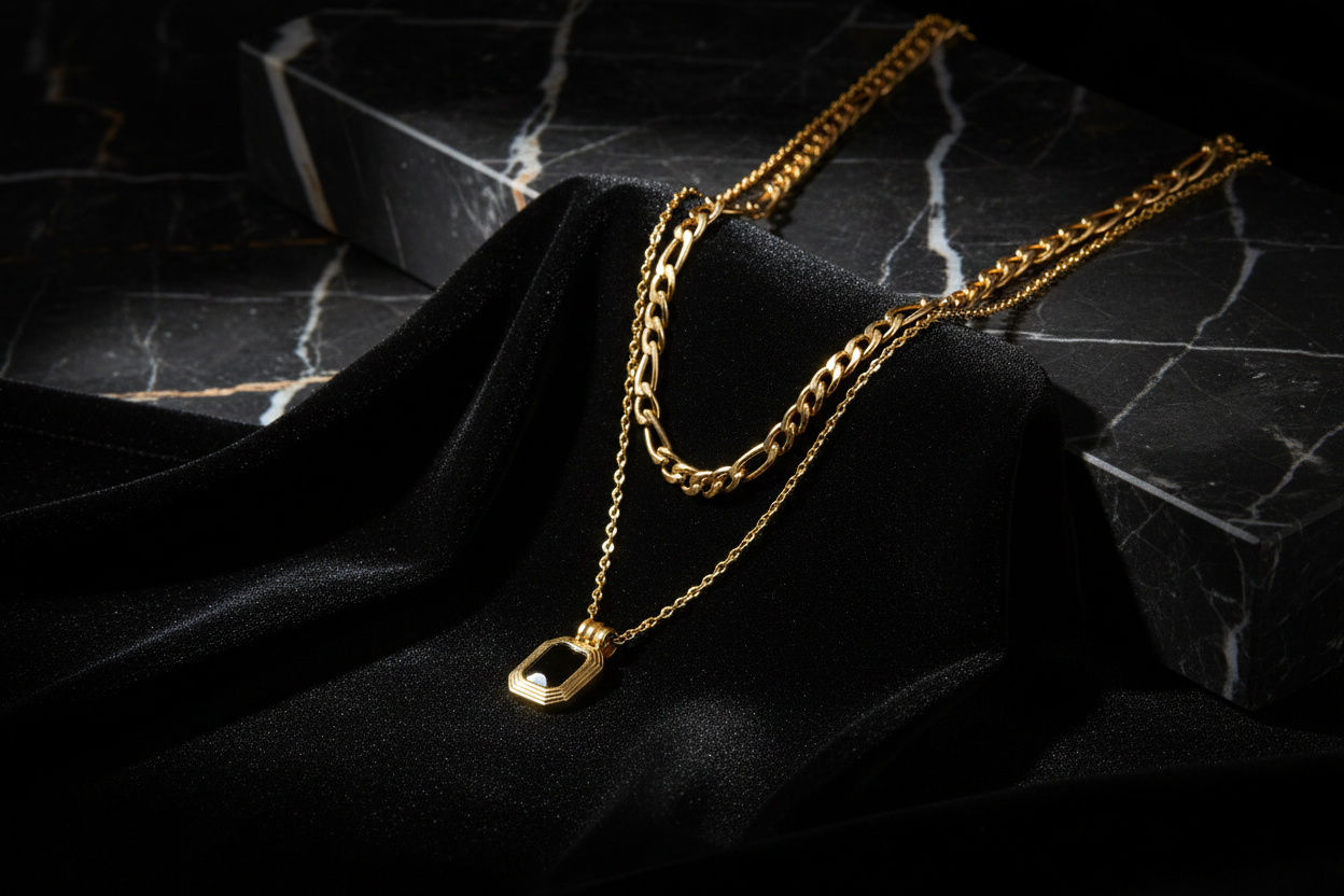 Layered Necklace with Onyx Pendant on Dramatic Background