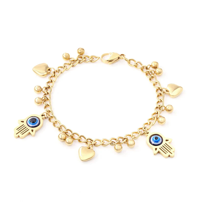 Gold Evil Eye Charm Bracelet with Hearts & Beads
