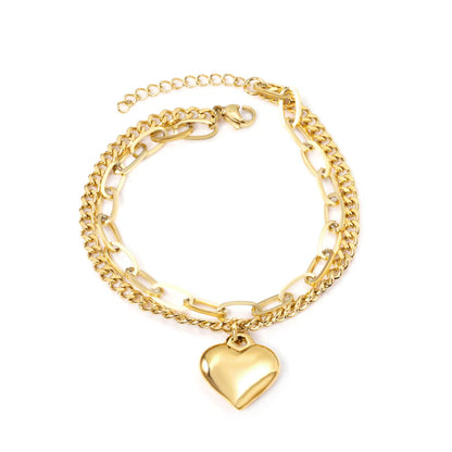 Layered Gold Chain Bracelet with Heart Pendant Charm