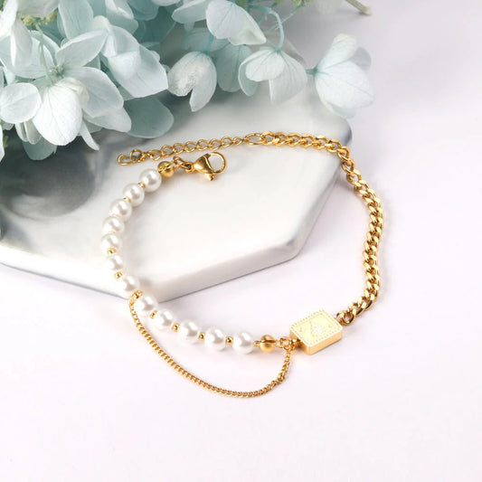 Gold Chain Pearl Mix Bracelet with Square Logo Charm