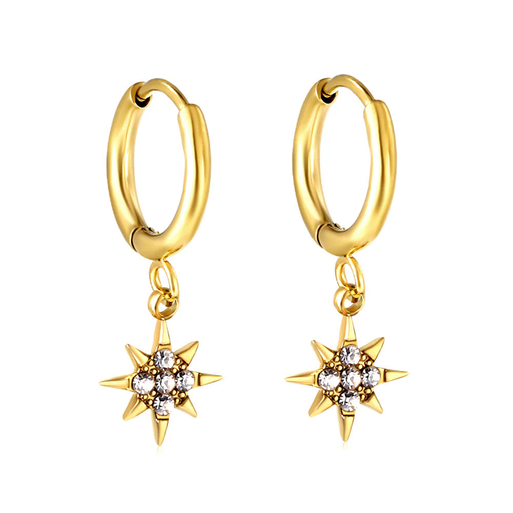 Sparkling Gold Star Dangle Hoop Earrings