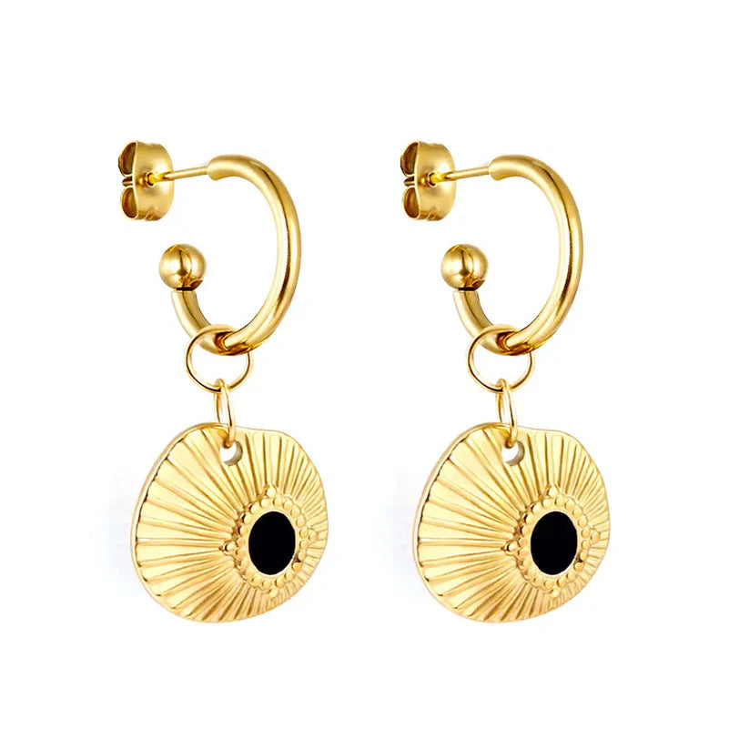Gold Sunburst Hoop Earrings with Black Onyx Drop Charms