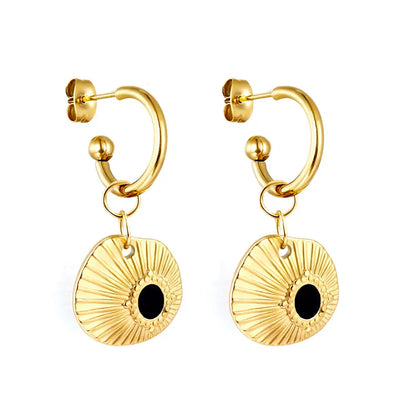 Gold Sunburst Hoop Earrings with Black Onyx Drop Charms