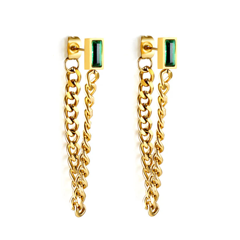 Gold Plated Emerald Chain Drop Earrings - Edgy Glamour