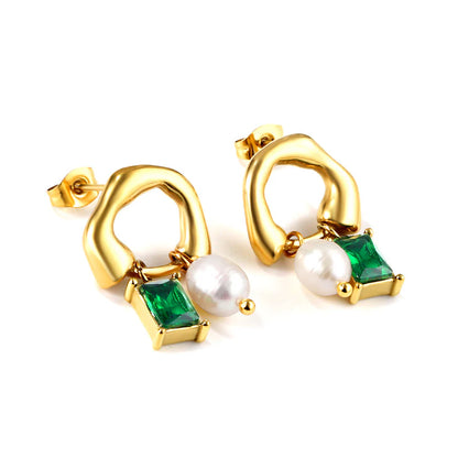Sculptural Gold Hoop Drop Earrings with Pearl & Emerald