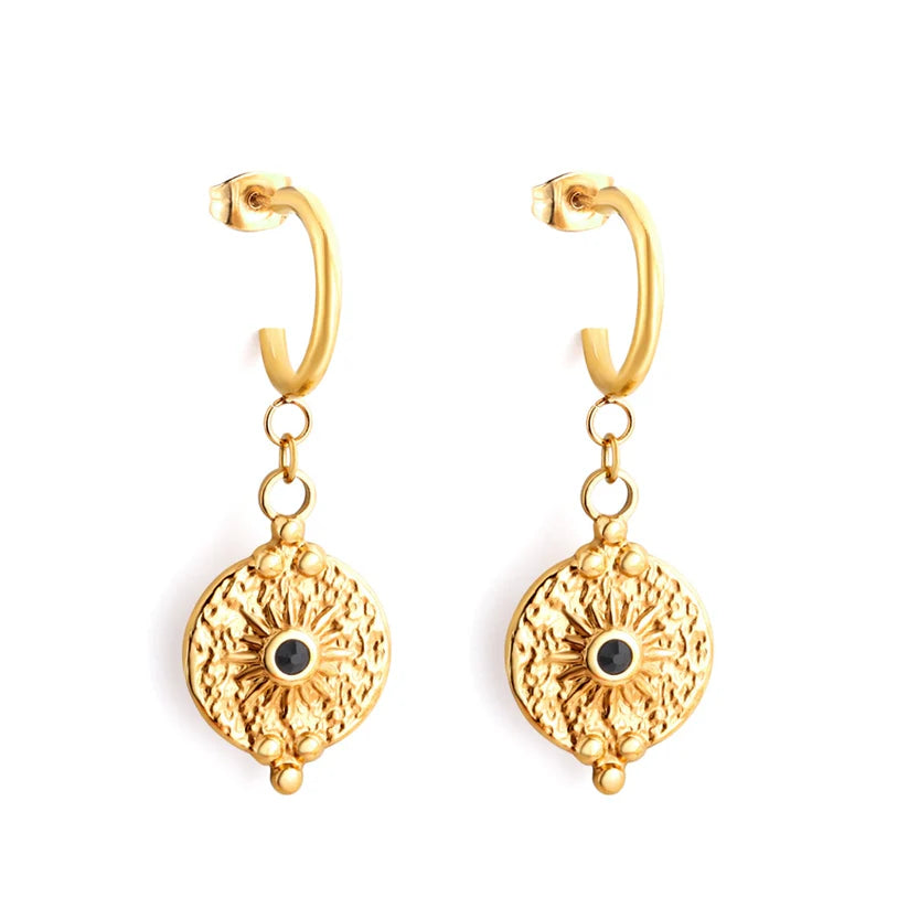 Gold Sunburst Onyx Center Drop Hoop Earrings