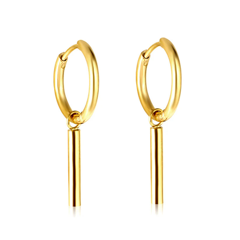 Elegant Gold Small Hoop Earrings with Dangling Bar Charm