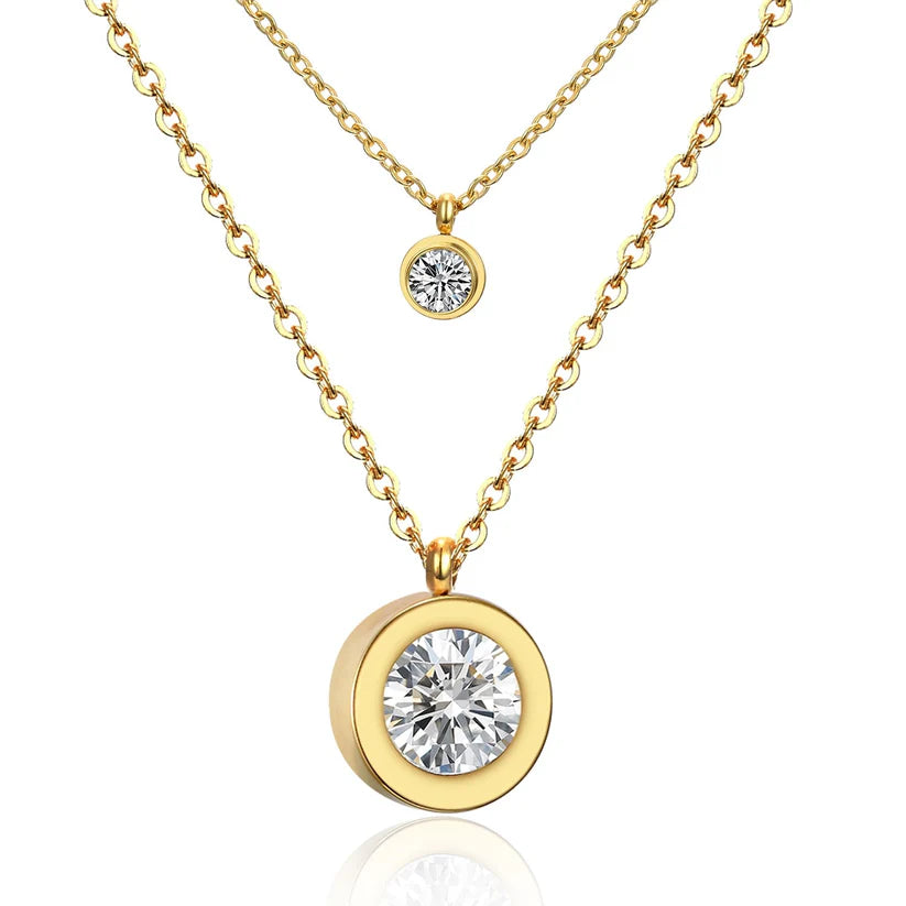 Elegant Gold Layered Double CZ Pendant Necklace
