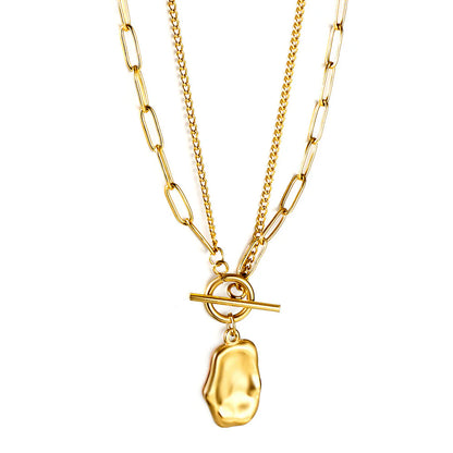 Gold Layered Double Chain Necklace with Nugget Toggle Pendant