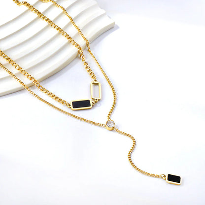 Layered Gold Chain Necklace with Black Onyx Bars & CZ Pendant
