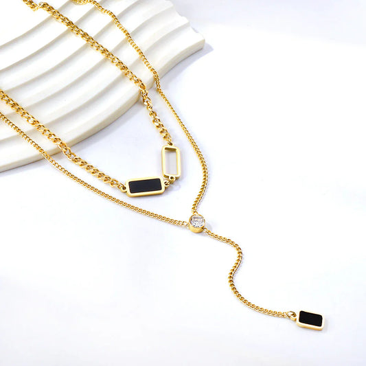 Layered Gold Chain Necklace with Black Onyx Bars & CZ Pendant