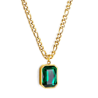 Gold Cuban Link Necklace with Emerald-Cut Green CZ Pendant