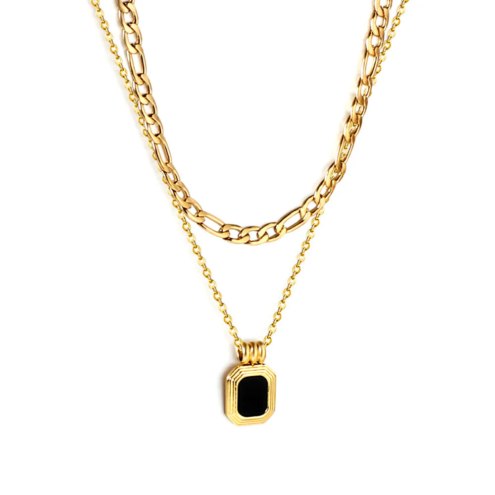 Gold Layered Double Chain Necklace with Black Onyx Square Pendant