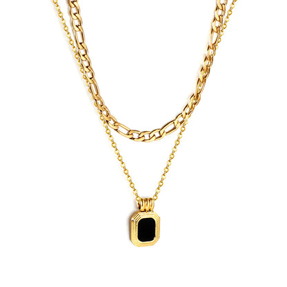 Gold Layered Double Chain Necklace with Black Onyx Square Pendant