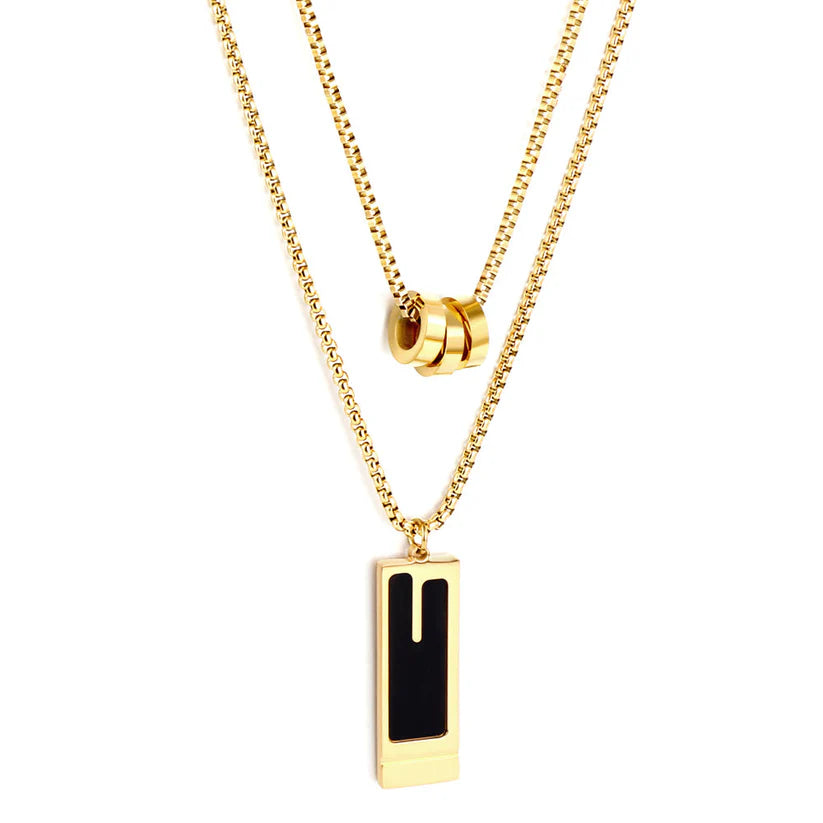 Layered Gold Tone Necklace with Black Bar  & Hollow Pendants