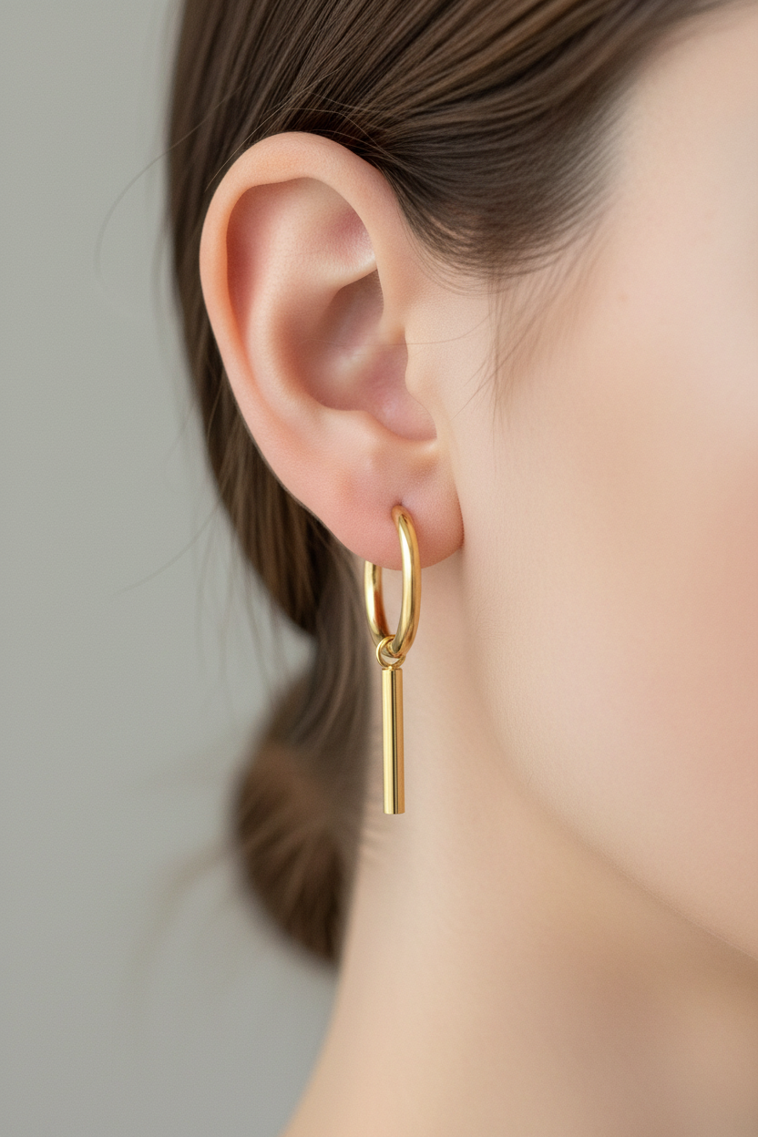 Closeup of gold hoop earrings on model