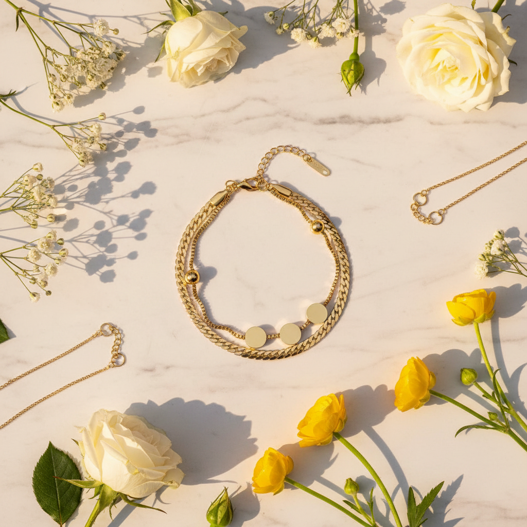Flat lay of gold bracelet on marble with flowers