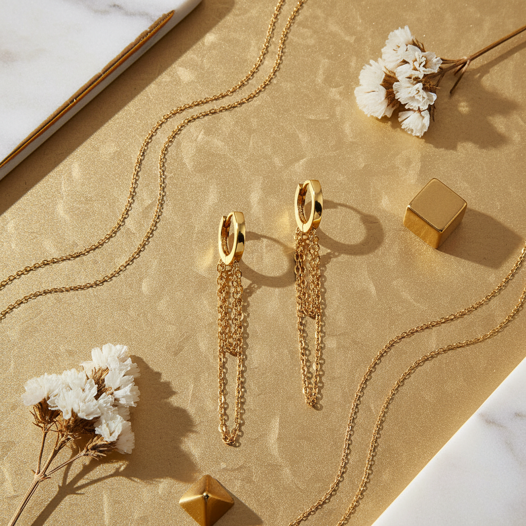 Flat lay of gold chain earrings on textured gold backdrop