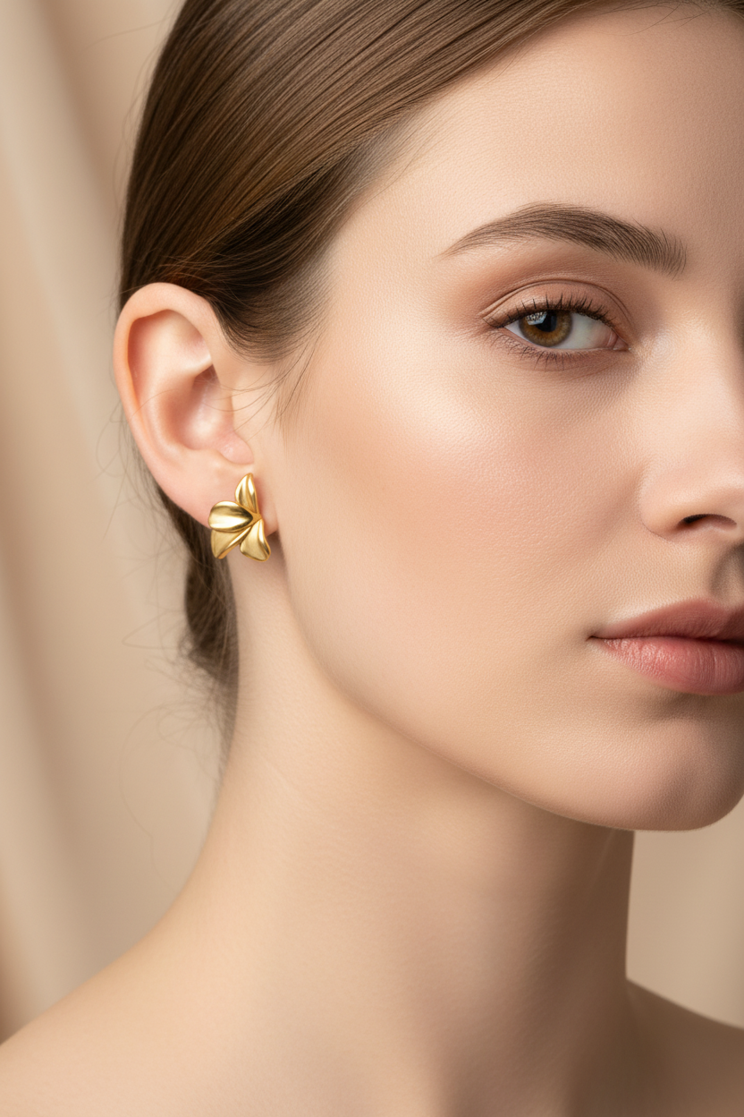 Gold flower earrings on model