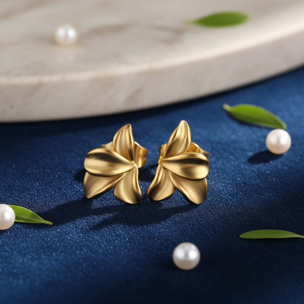 Gold flower earrings on sophisticated background