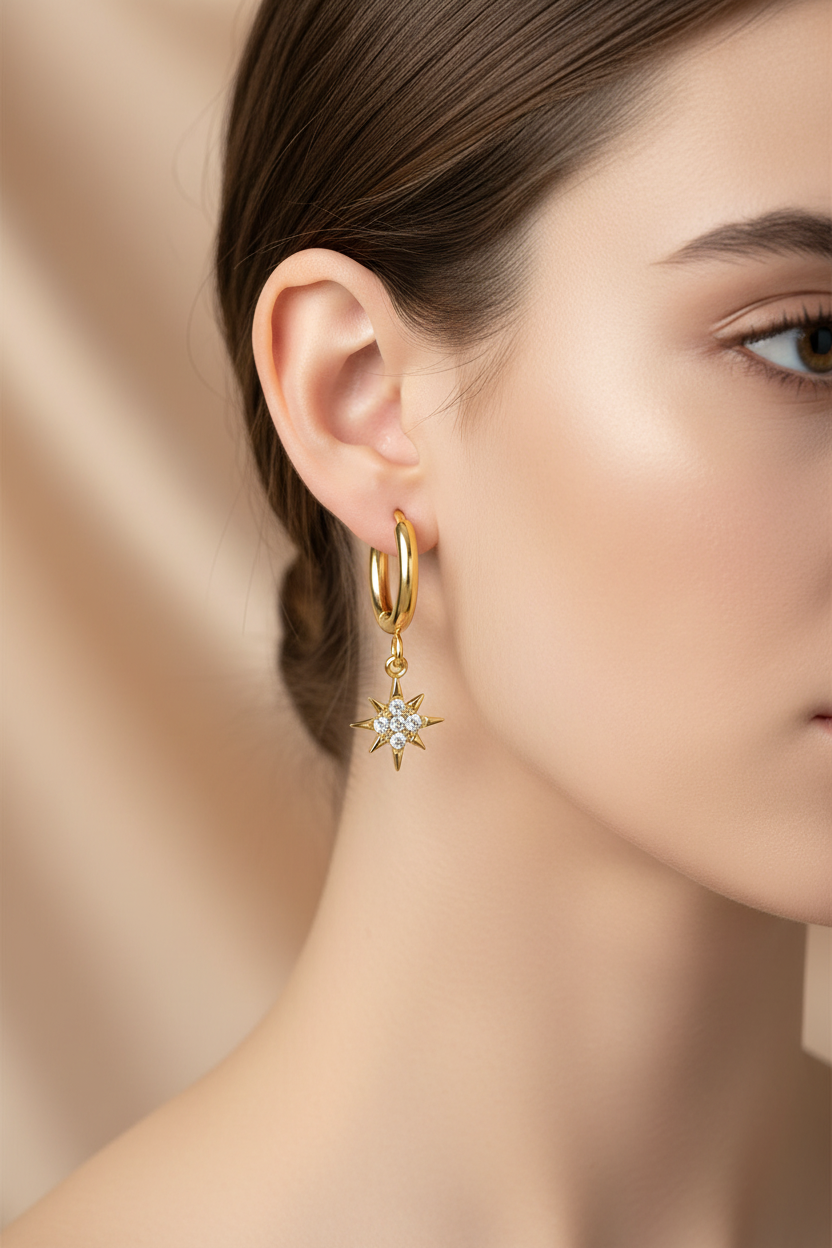 Gold star earrings on woman's ear