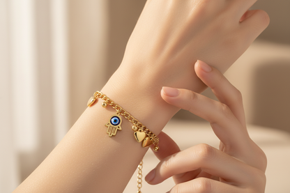 Hamsa Evil Eye Bracelet on Model Hand