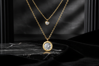 Layered Crystal Necklace on Dramatic Background
