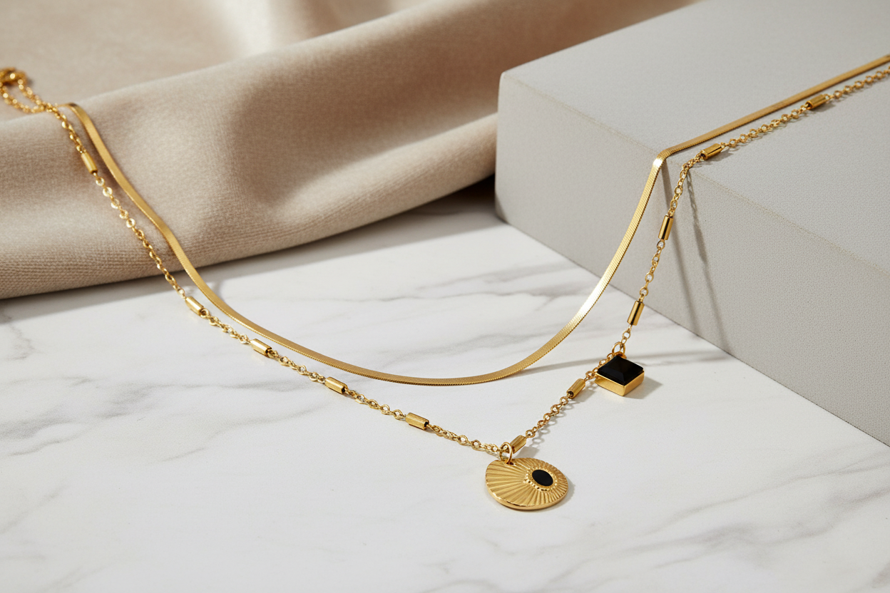 Layered Necklace on Elegant Background