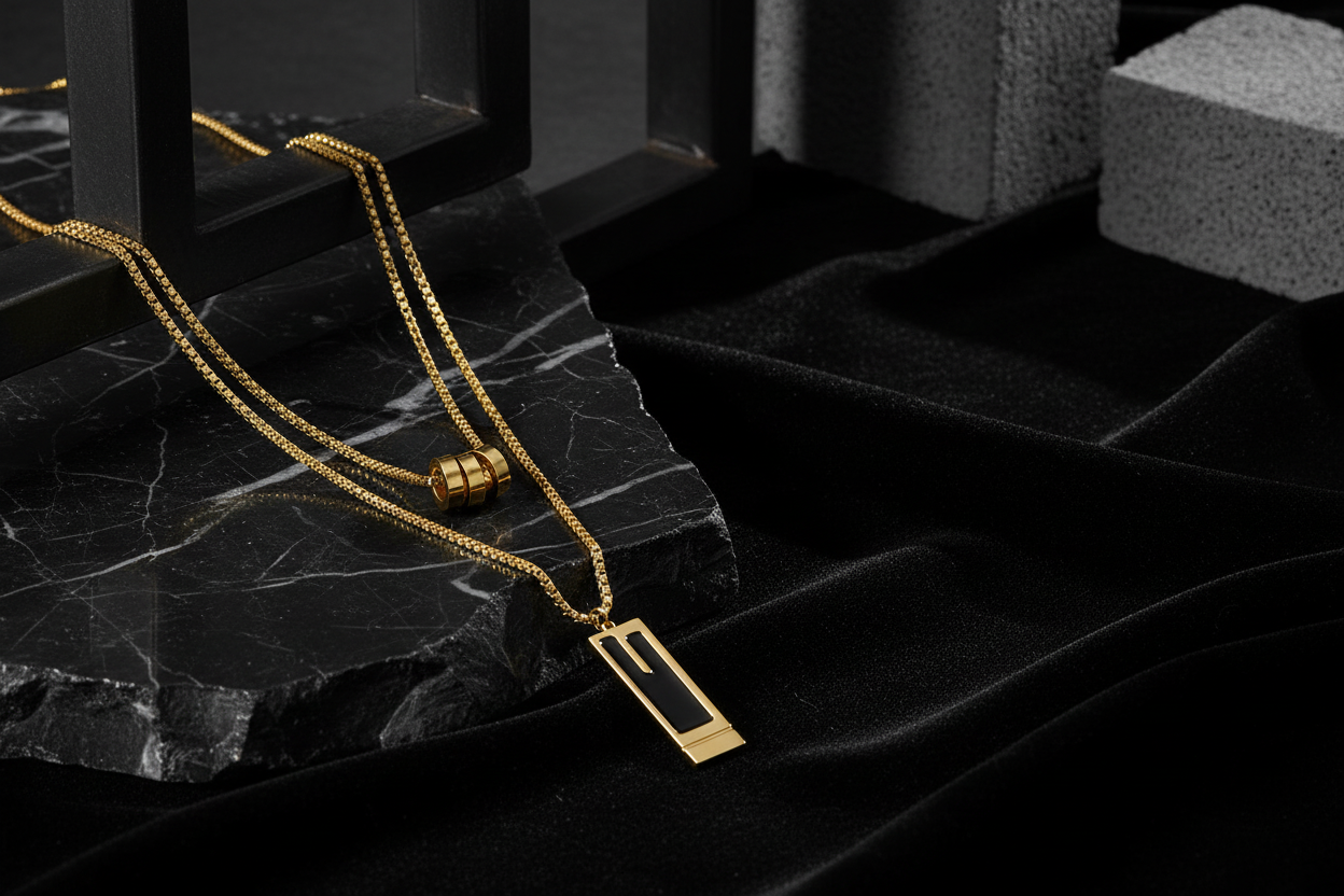 Layered Necklace with Enamel Pendant on Dramatic Background