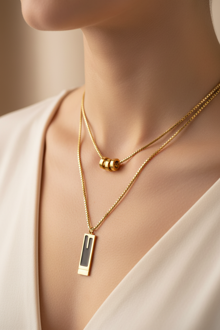 Layered Necklace with Enamel Pendant on Model