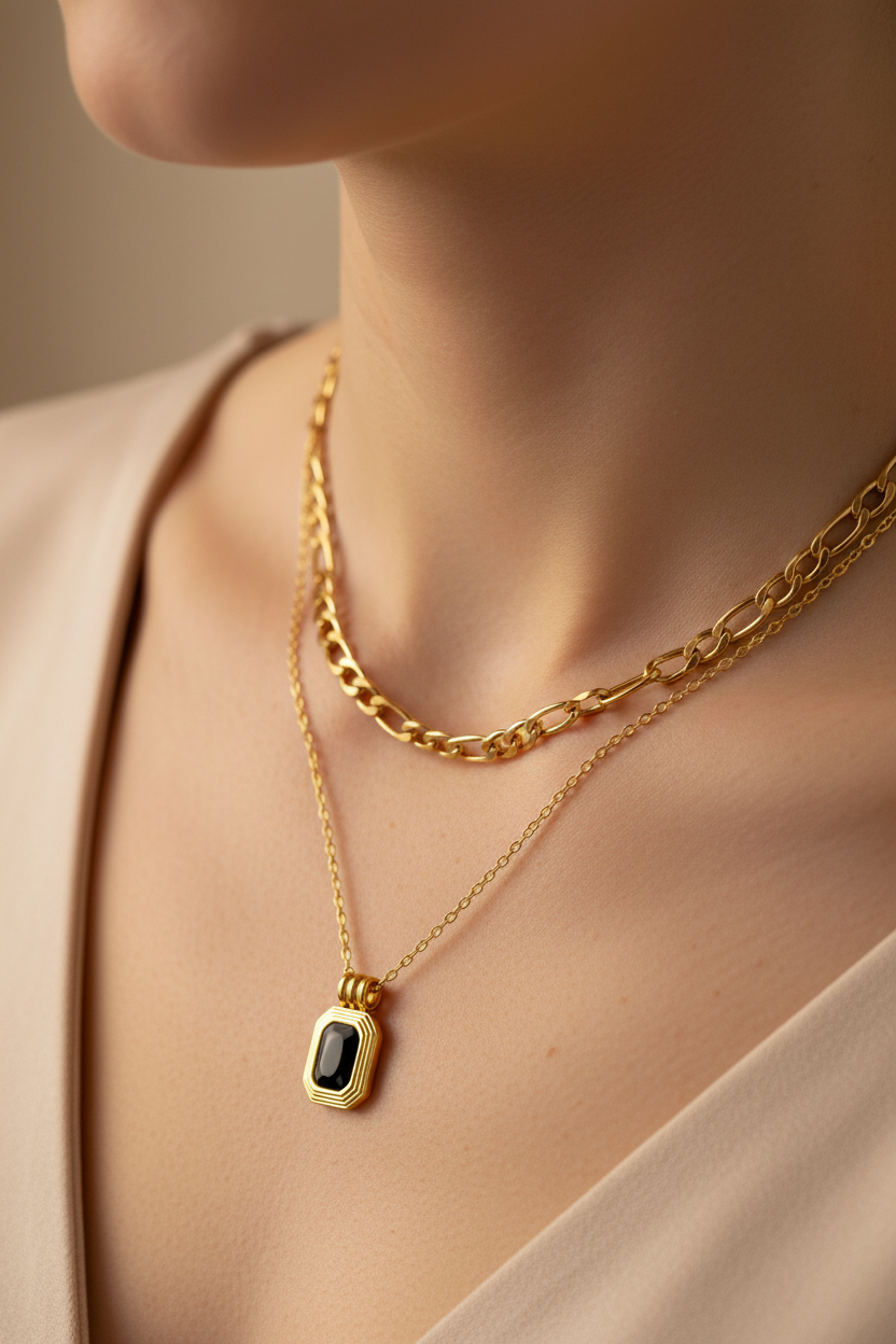 Layered Necklace with Onyx Pendant on Model