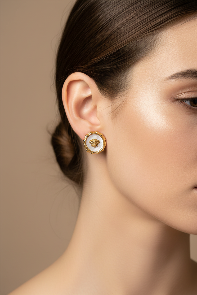 Model wearing gold bee earrings with mother of pearl